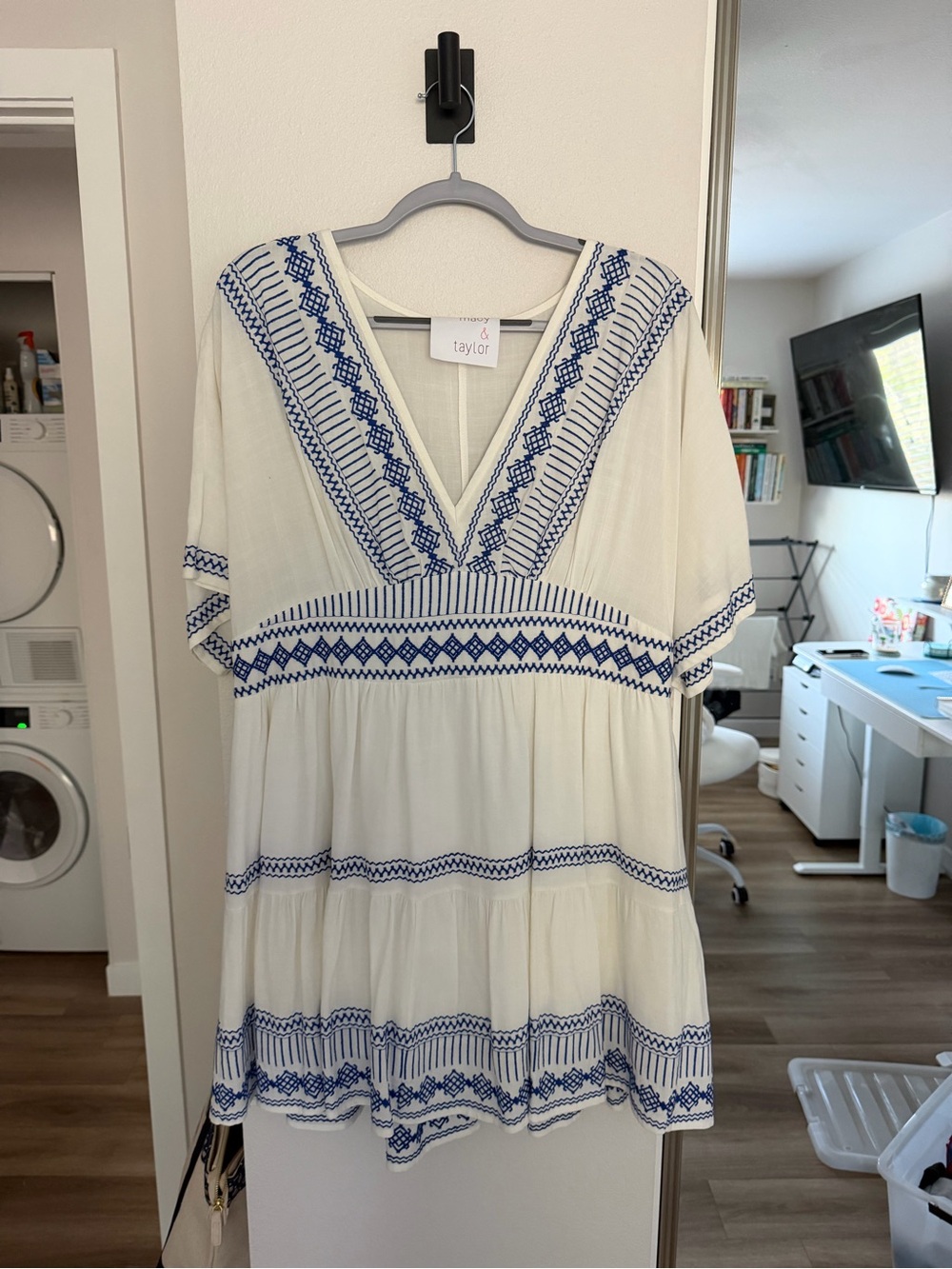 Ivory Dress with Blue Embroidery